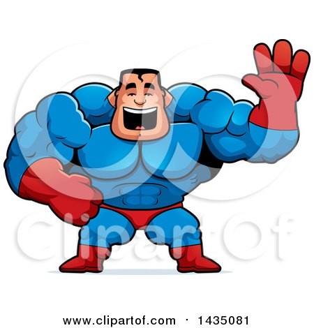 Clipart of a Cartoon Buff Muscular Male Super Hero Waving - Royalty Free Vector Illustration by Cory Thoman