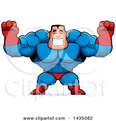 Clipart of a Cartoon Buff Muscular Male Super Hero Cheering - Royalty Free Vector Illustration by Cory Thoman