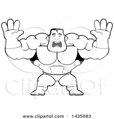 Clipart of a Cartoon Black and White Lineart Buff Muscular Male Super Hero Holding His Hands up and Screaming - Royalty Free Vector Illustration by Cory Thoman