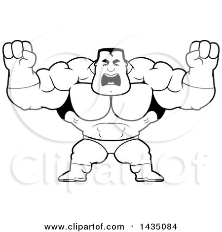 Clipart of a Cartoon Black and White Lineart Buff Muscular Male Super Hero Holding His Fists in Balls of Rage - Royalty Free Vector Illustration by Cory Thoman