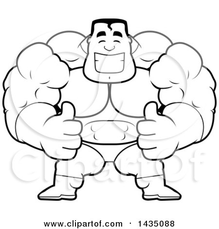 Clipart of a Cartoon Black and White Lineart Buff Muscular Male Super Hero Giving Two Thumbs up - Royalty Free Vector Illustration by Cory Thoman