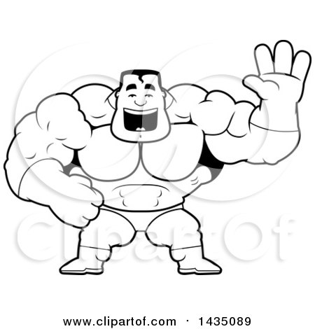 Clipart of a Cartoon Black and White Lineart Buff Muscular Male Super Hero Waving - Royalty Free Vector Illustration by Cory Thoman
