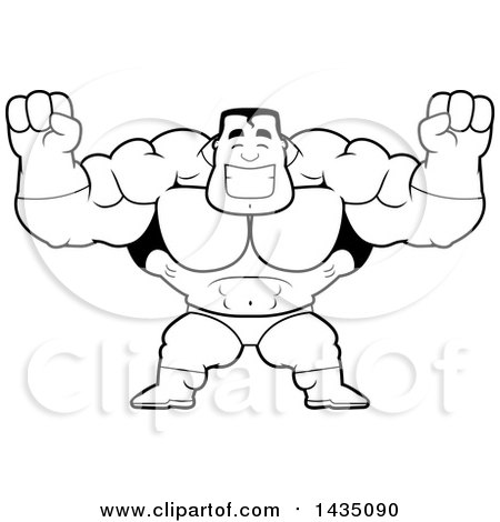Clipart of a Cartoon Black and White Lineart Buff Muscular Male Super Hero Cheering - Royalty Free Vector Illustration by Cory Thoman