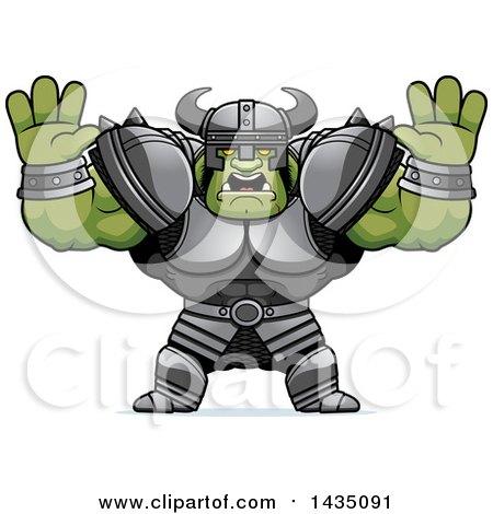Clipart of a Cartoon Buff Muscular Orc Holding His Hands up and Screaming - Royalty Free Vector Illustration by Cory Thoman