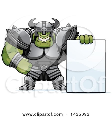 Clipart of a Cartoon Buff Muscular Orc with a Blank Sign - Royalty Free Vector Illustration by Cory Thoman