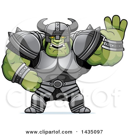 Clipart of a Cartoon Buff Muscular Orc Waving - Royalty Free Vector Illustration by Cory Thoman