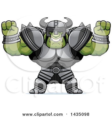 Clipart of a Cartoon Buff Muscular Orc Cheering - Royalty Free Vector Illustration by Cory Thoman