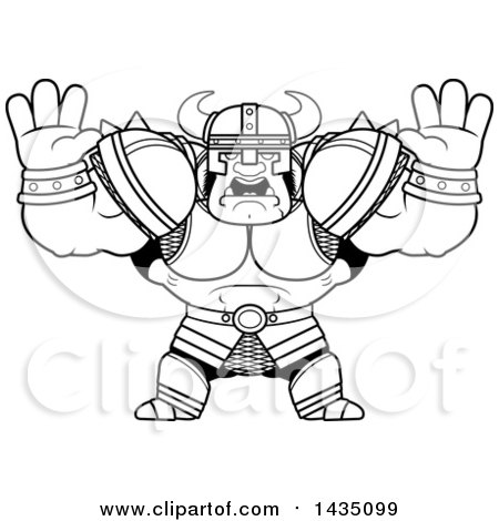 Clipart of a Cartoon Black and White Lineart Buff Muscular Orc Holding His Hands up and Screaming - Royalty Free Vector Illustration by Cory Thoman