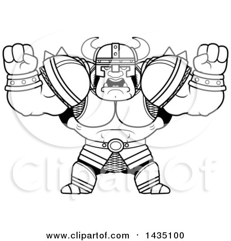 Clipart of a Cartoon Black and White Lineart Buff Muscular Orc Holding His Fists in Balls of Rage - Royalty Free Vector Illustration by Cory Thoman