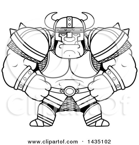 Clipart of a Cartoon Black and White Lineart Smug Buff Muscular Orc - Royalty Free Vector Illustration by Cory Thoman
