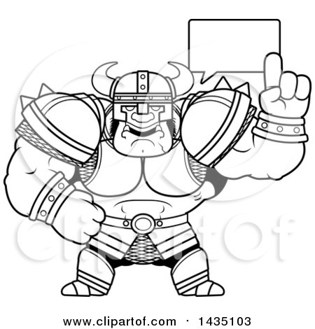 Clipart of a Cartoon Black and White Lineart Buff Muscular Orc Talking - Royalty Free Vector Illustration by Cory Thoman