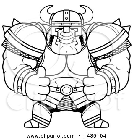 Clipart of a Cartoon Black and White Lineart Buff Muscular Orc Giving Two Thumbs up - Royalty Free Vector Illustration by Cory Thoman