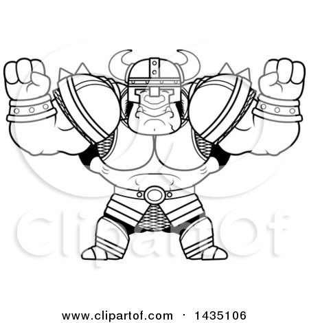Clipart of a Cartoon Black and White Lineart Buff Muscular Orc Cheering - Royalty Free Vector Illustration by Cory Thoman