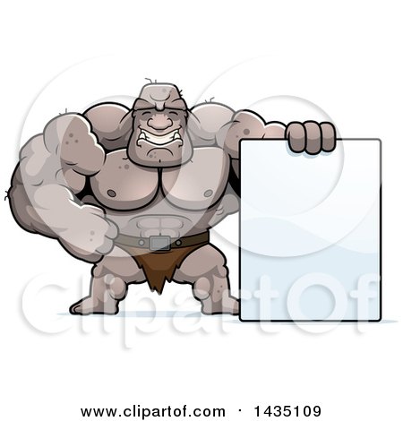 Clipart of a Cartoon Buff Muscular Ogre with a Blank Sign - Royalty Free Vector Illustration by Cory Thoman