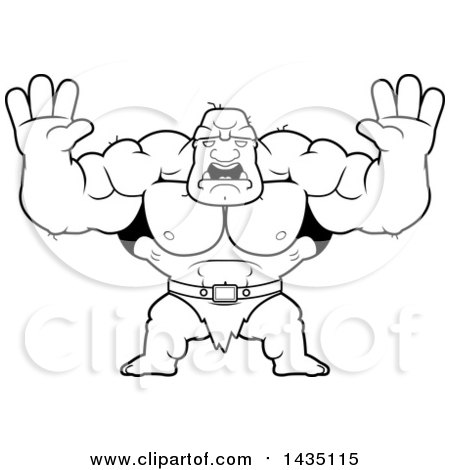 Clipart of a Cartoon Black and White Lineart Buff Muscular Ogre Holding His Hands up and Screaming - Royalty Free Vector Illustration by Cory Thoman