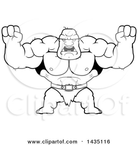 Clipart of a Cartoon Black and White Lineart Buff Muscular Ogre Holding His Fists in Balls of Rage - Royalty Free Vector Illustration by Cory Thoman