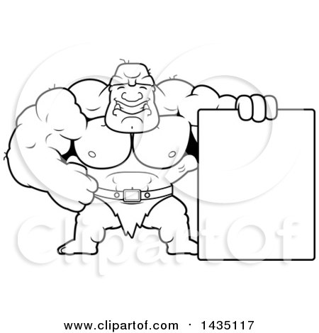 Clipart of a Cartoon Black and White Lineart Buff Muscular Ogre with a Blank Sign - Royalty Free Vector Illustration by Cory Thoman
