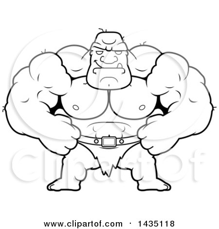 Clipart of a Cartoon Black and White Lineart Smug Buff Muscular Ogre - Royalty Free Vector Illustration by Cory Thoman