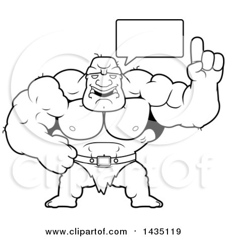 Clipart of a Cartoon Black and White Lineart Buff Muscular Ogre Talking - Royalty Free Vector Illustration by Cory Thoman