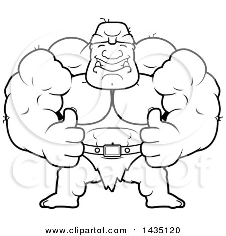 Clipart of a Cartoon Black and White Lineart Buff Muscular Ogre Giving Two Thumbs up - Royalty Free Vector Illustration by Cory Thoman