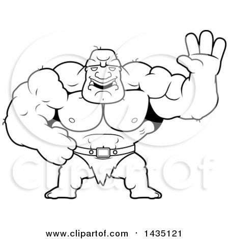 Clipart of a Cartoon Black and White Lineart Buff Muscular Ogre Waving - Royalty Free Vector Illustration by Cory Thoman