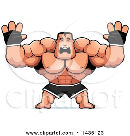Clipart of a Cartoon Buff Muscular MMA Fighter Holding His Hands up and Screaming - Royalty Free Vector Illustration by Cory Thoman