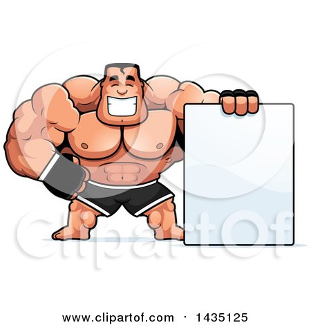 Clipart of a Cartoon Buff Muscular MMA Fighter with a Blank Sign - Royalty Free Vector Illustration by Cory Thoman