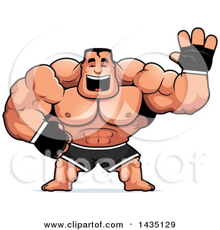 Clipart of a Cartoon Buff Muscular MMA Fighter Waving - Royalty Free Vector Illustration by Cory Thoman
