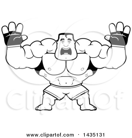 Clipart of a Cartoon Black and White Lineart Buff Muscular MMA Fighter Holding His Hands up and Screaming - Royalty Free Vector Illustration by Cory Thoman