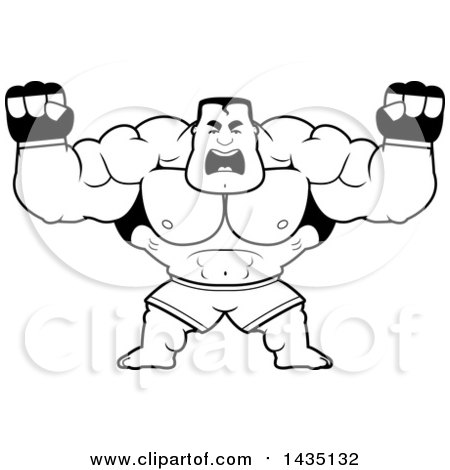 Clipart of a Cartoon Black and White Lineart Buff Muscular MMA Fighter Holding His Fists in Balls of Rage - Royalty Free Vector Illustration by Cory Thoman
