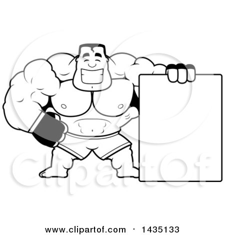 Clipart of a Cartoon Black and White Lineart Buff Muscular MMA Fighter with a Blank Sign - Royalty Free Vector Illustration by Cory Thoman