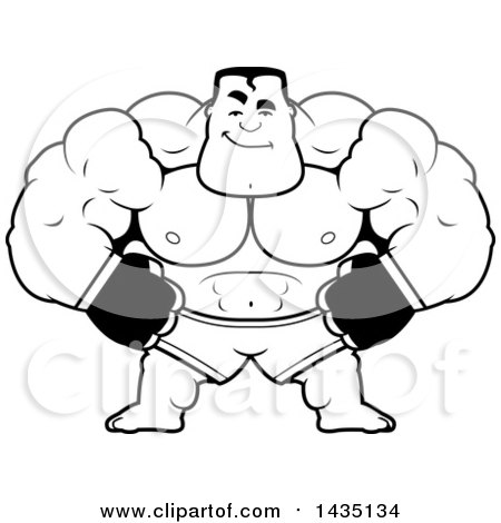 Clipart of a Cartoon Black and White Lineart Smug Buff Muscular MMA Fighter - Royalty Free Vector Illustration by Cory Thoman