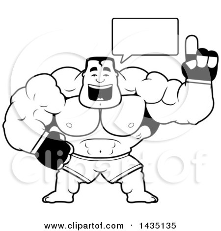 Clipart of a Cartoon Black and White Lineart Buff Muscular MMA Fighter Talking - Royalty Free Vector Illustration by Cory Thoman