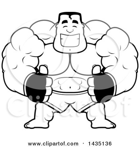 Clipart of a Cartoon Black and White Lineart Buff Muscular MMA Fighter Giving Two Thumbs up - Royalty Free Vector Illustration by Cory Thoman