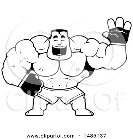 Clipart of a Cartoon Black and White Lineart Buff Muscular MMA Fighter Waving - Royalty Free Vector Illustration by Cory Thoman
