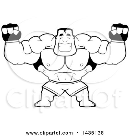 Clipart of a Cartoon Black and White Lineart Buff Muscular MMA Fighter Cheering - Royalty Free Vector Illustration by Cory Thoman
