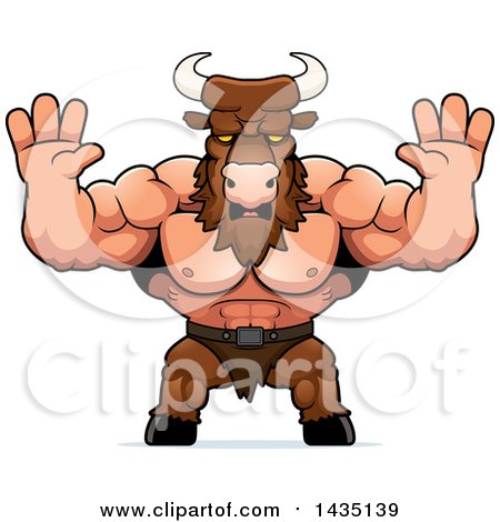 Clipart of a Cartoon Scared Buff Muscular Minotaur Holding His Hands up - Royalty Free Vector Illustration by Cory Thoman