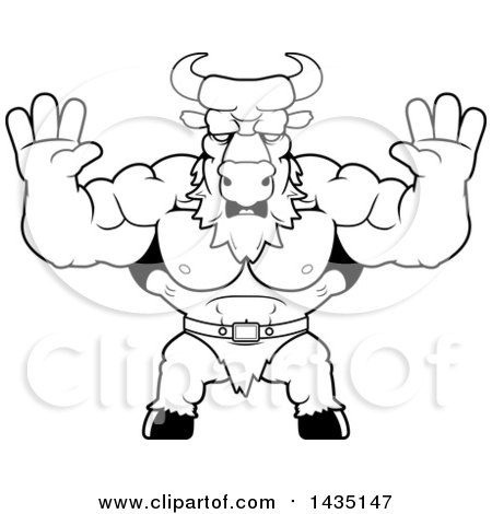 Clipart of a Cartoon Black and White Lineart Scared Buff Muscular Minotaur Holding His Hands up - Royalty Free Vector Illustration by Cory Thoman