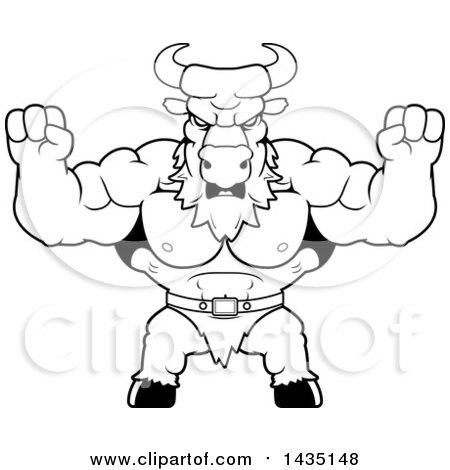 Clipart of a Cartoon Black and White Lineart Buff Muscular Minotaur Holding His Fists in Balls of Rage - Royalty Free Vector Illustration by Cory Thoman