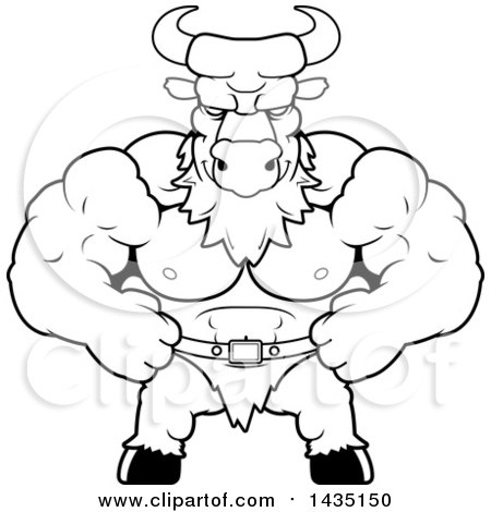 Clipart of a Cartoon Black and White Lineart Smug Buff Muscular Minotaur - Royalty Free Vector Illustration by Cory Thoman