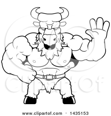 Clipart of a Cartoon Black and White Lineart Buff Muscular Minotaur Waving - Royalty Free Vector Illustration by Cory Thoman