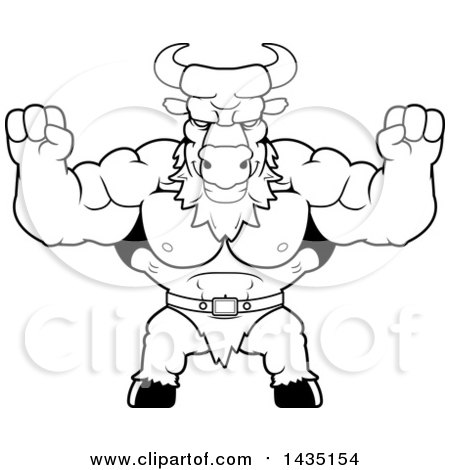 Clipart of a Cartoon Black and White Lineart Buff Muscular Minotaur Cheering - Royalty Free Vector Illustration by Cory Thoman