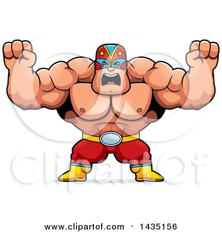 Clipart of a Cartoon Buff Muscular Luchador Mexican Wrestler Holding His Fists in Balls of Rage - Royalty Free Vector Illustration by Cory Thoman