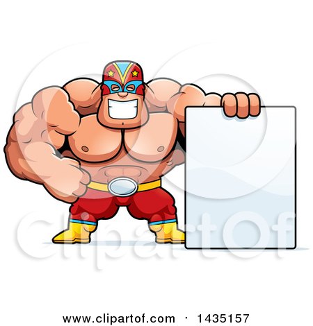 Clipart of a Cartoon Buff Muscular Luchador Mexican Wrestler with a Blank Sign - Royalty Free Vector Illustration by Cory Thoman