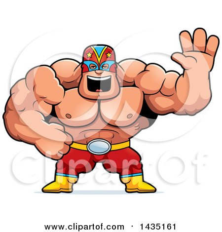 Clipart of a Cartoon Buff Muscular Luchador Mexican Wrestler Waving - Royalty Free Vector Illustration by Cory Thoman