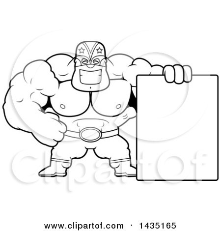 Clipart of a Cartoon Black and White Lineart Buff Muscular Luchador Mexican Wrestler with a Blank Sign - Royalty Free Vector Illustration by Cory Thoman