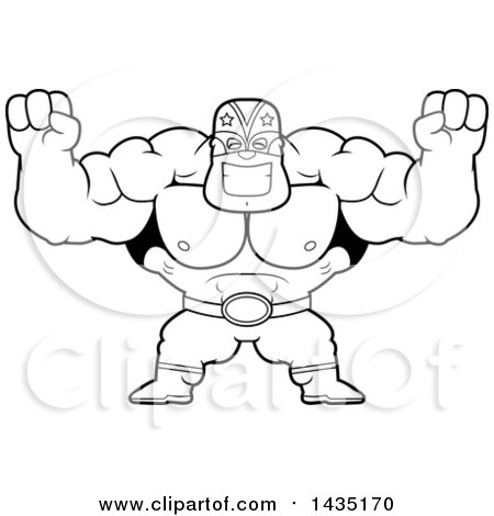 Clipart of a Cartoon Black and White Lineart Buff Muscular Luchador Mexican Wrestler Cheering - Royalty Free Vector Illustration by Cory Thoman