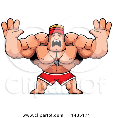 Clipart of a Cartoon Buff Muscular Male Lifeguard Holding His Hands up and Screaming - Royalty Free Vector Illustration by Cory Thoman