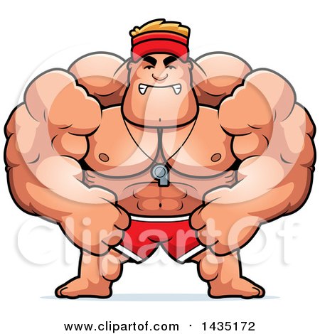 Clipart of a Cartoon Mad Buff Muscular Male Lifeguard - Royalty Free Vector Illustration by Cory Thoman