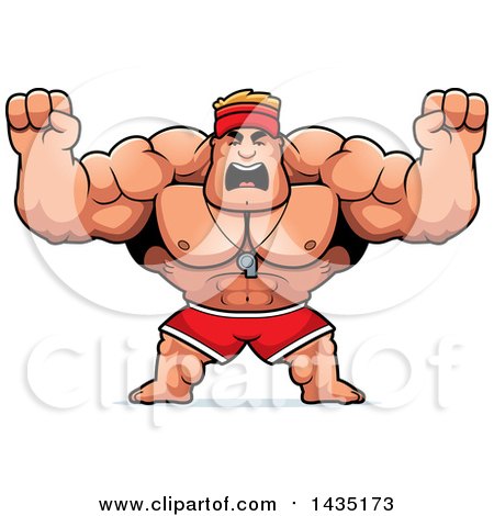 Clipart of a Cartoon Buff Muscular Male Lifeguard Holding His Fists in Balls of Rage - Royalty Free Vector Illustration by Cory Thoman